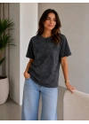Kadın Batik Desenli Tişört Bisiklet Yaka Kısa Kol Regular Fit T-shirt - Siyah