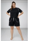 Kadın Battal Beden Kısa Kollu Tişört Şort Takım Kontrast Dikiş Detaylı Günlük Ev Giyimi - Siyah