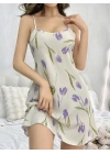 Kadın Beyaz Çiçekli Desenli Askılı Gecelik 5109