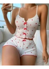 Kadın Beyaz Fiyonk Desenli Seksi Gecelik Takım 5007