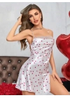 Kadın Beyaz Fuşya Kalp Desenli saten Gecelik 2219