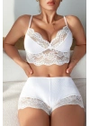 Kadın Beyaz Kaşkorse ve Dantel Detaylı Şortlu Gecelik Takım