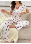 Kadın Beyaz Kiraz Desenli Kısa Kollu Yumuşak Pijama Takımı 5128