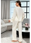 Kadın Beyaz Önden Bağlamalı Kolu ve Paçası Fırfır Detaylı Uzun Kollu Pijama Takımı