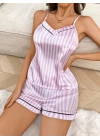 Kadın Beyaz pembe Çizgili Saten Şort Pijama Takımı 2237