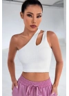 Kadın Beyaz Tek Omuz Cut Out Detaylı Crop Top Bluz
