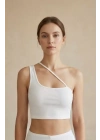 Kadın Beyaz Tek Omuzlu Çapraz Askılı Crop Top Büstiyer