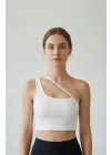 Kadın Beyaz Tek Omuzlu Çapraz Askılı Crop Top Büstiyer