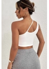 Kadın Beyaz Tek Omuzlu Çapraz Askılı Crop Top Büstiyer