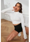 Kadın Beyaz Uzun Kol Fermuarlı Parmak Geçme Detaylı Dik Yaka Crop Top Bluz