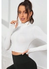Kadın Beyaz Uzun Kol Fermuarlı Parmak Geçme Detaylı Dik Yaka Crop Top Bluz