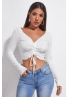 Kadın Beyaz Uzun Kollu Büzdürme Bağcık Detaylı Crop Top Bluz