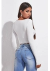 Kadın Beyaz Uzun Kollu Büzdürme Bağcık Detaylı Crop Top Bluz