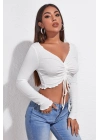 Kadın Beyaz Uzun Kollu Büzdürme Bağcık Detaylı Crop Top Bluz