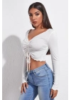 Kadın Beyaz Uzun Kollu Büzdürme Bağcık Detaylı Crop Top Bluz