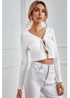 Kadın Beyaz Uzun Kollu Önden Bağlama Detaylı Crop Top Bluz