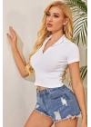 Kadın Beyaz Yarım Fermuarlı ve Kısa Kollu Crop Top Bluz