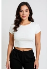 Kadın Beyaz Yuvarlak Yaka Yarım Kol Crop Top Bluz