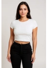 Kadın Beyaz Yuvarlak Yaka Yarım Kol Crop Top Bluz