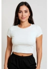 Kadın Beyaz Yuvarlak Yaka Yarım Kol Crop Top Bluz