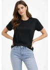 Kadın Bisiklet Yaka Tişört Regular Kalıp Basic Pamuklu Günlük Kullanım T-shirt - Siyah
