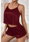 Kadın Bordo Asimetrik Sırt Dekolte Detaylı Şık Şortlu Gecelik Takım