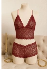 Kadın Bordo Dantel Bralet Şort Takımı – Asil ve Sofistike İç Giyim