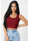 Kadın Bordo Kare Yaka Crop Top Bluz