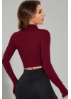Kadın Bordo Uzun Kol Fermuarlı Parmak Geçme Detaylı Dik Yaka Crop Top Bluz