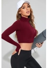 Kadın Bordo Uzun Kol Fermuarlı Parmak Geçme Detaylı Dik Yaka Crop Top Bluz