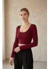 Kadın Bordo Uzun Kol Kare Yaka Crop Top Bluz