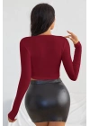 Kadın Bordo Uzun Kol Kare Yaka Crop Top Bluz