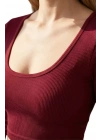 Kadın Bordo Uzun Kol Kare Yaka Crop Top Bluz