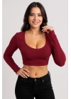 Kadın Bordo Uzun Kol Kare Yaka Crop Top Bluz