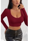 Kadın Bordo Uzun Kol Kare Yaka Crop Top Bluz