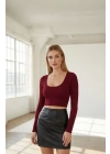 Kadın Bordo Uzun Kol Kare Yaka Crop Top Bluz