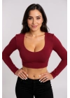 Kadın Bordo Uzun Kol Kare Yaka Crop Top Bluz