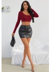 Kadın Bordo Uzun Kol Kare Yaka Crop Top Bluz