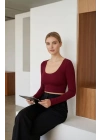 Kadın Bordo Uzun Kol Kare Yaka Crop Top Bluz