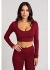 Kadın Bordo Uzun Kol Kare Yaka Crop Top Bluz