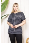 Kadın Büyük Beden Çizgili Taş Detaylı Kısa Kollu Likralı Viskon Tişört - Lacivert