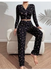 Kadın Çiçek ve Fiyonk Desenli Yumuşak Pamuklu Uzun Pijama Takımı 5134