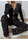 Kadın Çiçek ve Fiyonk Desenli Yumuşak Pamuklu Uzun Pijama Takımı 5134