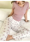 Kadın Çiçekli Desen Yumuşak Pamuklu Uzun Pijama Takımı 5131
