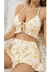 Kadın Çiçekli Ekru Askılı Şortlu Pijama Takım 5017