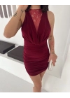 Kadın Dantel Detaylı Derin Dekolte Drapeli Mini Elbise Şık Kolsuz - Bordo
