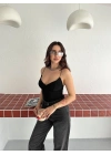 Kadın Derin Dekolte Askılı Body Sırt Dekolteli Şık Kolsuz Yazlık Bodysuit - Siyah