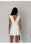 Kadın Derin V Yaka Etek Görünümlü Şortlu Elbise Drapeli Mini Yazlık - Beyaz