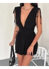 Kadın Derin V Yaka Etek Görünümlü Şortlu Elbise Drapeli Mini Yazlık - Siyah