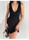Kadın Derin V Yaka Sırt Dekolteli Mini Elbise Drapeli Şık Kolsuz - Siyah